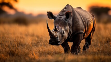 Wall Mural -  A rhino stands in a dry grass field against a yellow sky, alone in the foreground