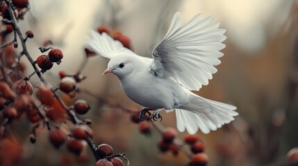 Wall Mural -  A white bird sits on a tree branch, surrounded by foreground berries; background softly blurred