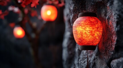 Canvas Print -  A tight shot of a lantern against a rocky backdrop, featuring a tree in the distance and red blooms at the foot