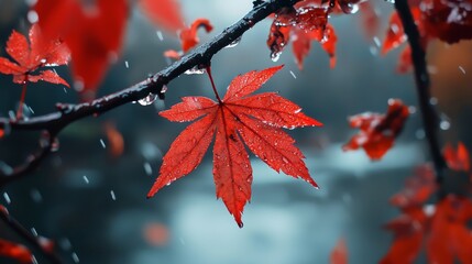 Wall Mural -  A red leaf on a tree branch, closely captured, features water droplets Background softly blurred