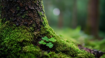 Wall Mural -  A tight shot of a moss-covered tree trunk harboring a tiny green plant in its center