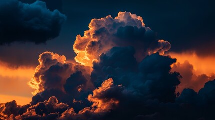 Wall Mural -  A group of clouds against an orange-blue sky backdrop; a plane in the foreground