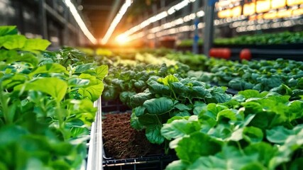 Poster - Rows of vibrant leafy greens thrive in a greenhouse, illuminated by warm sunlight during the evening hours.