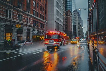 Sticker - a red fire truck driving down a street next to tall buildings