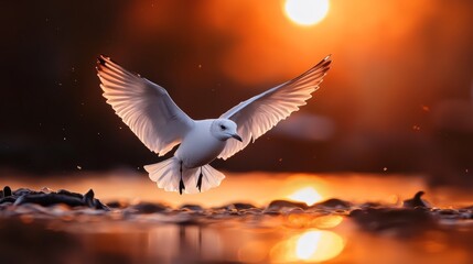 Wall Mural -  A white bird flies over tranquil water, sun setting behind, birds in foreground