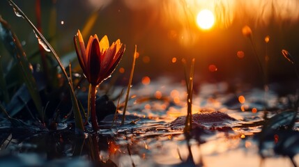  A macro shot of a floating flower amidst tranquil water as the sun sets in the distant horizon