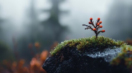 Wall Mural -  A tiny plant atop a rock, nestled in a forest's heart with fog-shrouded trees behind