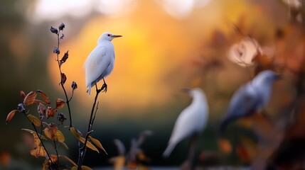 Wall Mural -  Two identical white birds perched on separate tree branches