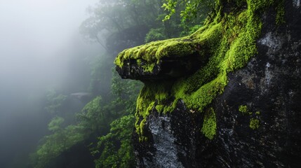 Wall Mural -  A moss-covered rock face, nestled amidst a forest teeming with lush green plants and abundant moss growth