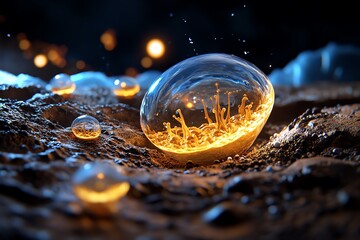 Poster - Abstract glowing orbs on a dark surface, with a glowing plant inside the largest orb.