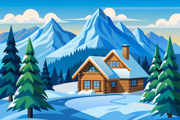 Winter mountain landscape with house