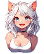 © RafaelDavid - Chica con orejas de gato, cabello plateado y ojos azules, sonriendo con alegría en un estilo artístico vibrante