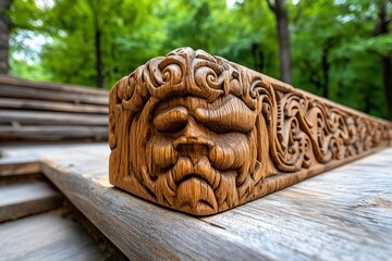 Poster - Close-up of intricately carved wooden beam with a face motif. The wood is weathered and the carvings are detailed. The background is blurred and green.