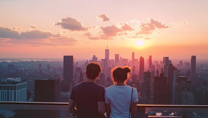 Wall Mural - Couple watches sunset over city skyline.