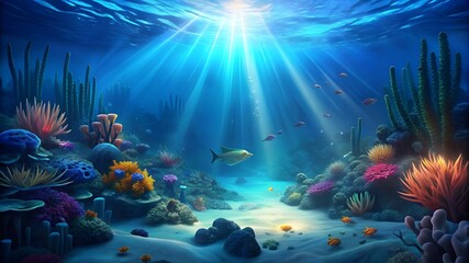 Poster - Underwater Sea Scene of coral reef, Sunlight shining undersea background 