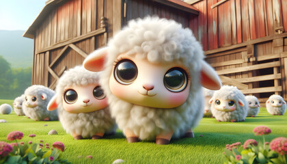 Adorable 3d furry sheep with big eyes on grass in the farm