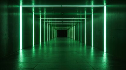 Wall Mural - illuminated by neon green, the corridor has a futuristic tunnel appearance