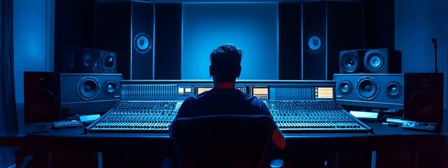 A music studio with soundproof walls and professional mixing and recording equipment. A musician sits at the control desk in front of an audio console surrounded by digital mixers