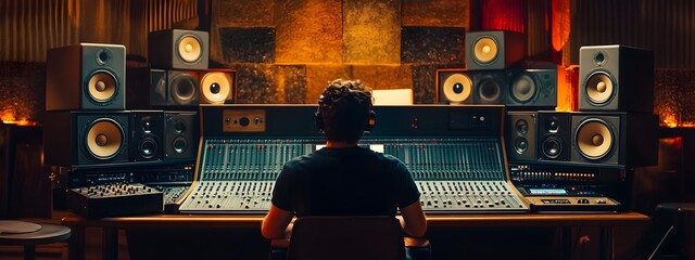 A music studio with soundproof walls and professional mixing and recording equipment. A musician sits at the control desk in front of an audio console surrounded by digital mixers