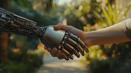 Poster - human hand shaking hands with an AI-powered robotic hand, symbolizing collaboration between humans and AI