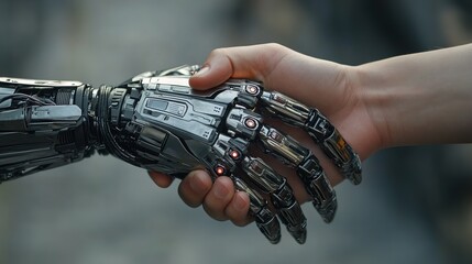 Poster - human hand shaking hands with an AI-powered robotic hand, symbolizing collaboration between humans and AI