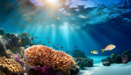 Poster - Underwater Sea Scene of coral reef, Sunlight shining undersea background 