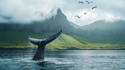 whale's tail is seen in the water near an Icelandic mountain, with green hills and clouds overhead.