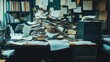 © savittree - A messy office desk piled high with documents and files, spilling over and creating a chaotic work environment.