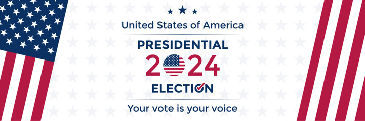 USA 2024 election campaign banner backdrop. United states of America presidential professional grade red white blue stars and stripes flag conceptual cover