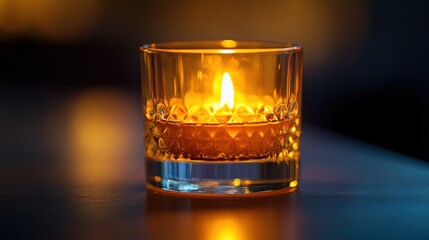 Aufkleber - A Single Candle Flame Illuminates a Glass Candle Holder