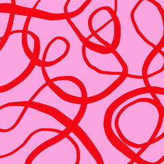 Wall Mural - Playful hand drawn pattern, curved red lines of different thickness. Pencil textured lines on pink background, doodle swirls, wavy strokes, crosshatch. Sketch vector illustration.