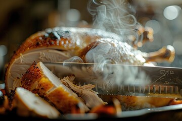 A close - up of a carving knife slicing into a juicy Thanksgiving turkey, with steam rising and sides visible in the background