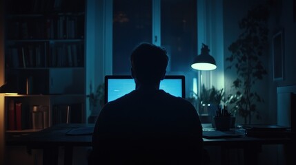 Poster - Silhouette of a Person Working Late at Night in a Home Office