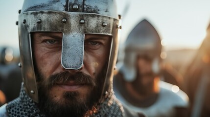 Medieval soldiers donning armor prepare for an imminent battle as the sun rises over the horizon, casting a warm glow on their determined faces