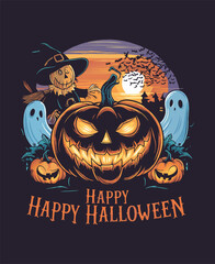 Happy Halloween Design with Grinning Pumpkin and Scarecrow T-shirt Design