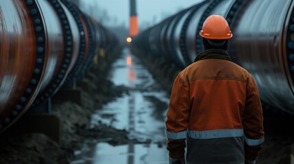 A construction worker in an orange jacket and helmet stands between two long rows of large pipes at a construction site, observing the surroundings as dusk sets in