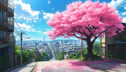 Wall Mural - Cherry blossoms in full bloom next to prosperous streets, and beautiful urban scenery against the blue sky and white clouds.