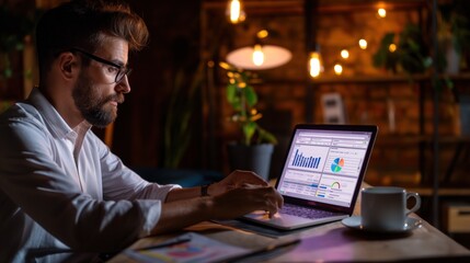 Poster - A man in glasses works diligently on his laptop, reviewing various data charts and visualizations in a warm, inviting workspace filled with plants and soft lighting