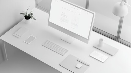 Poster - Minimalist White Desk with Computer, Keyboard, Mouse, and Plant