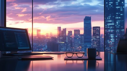 Poster - modern office with a view of the city skyline at sunset, featuring a laptop, glasses, and a coffee c