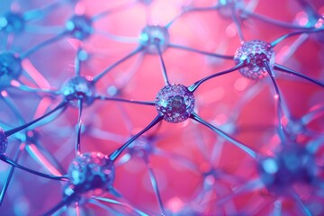 Poster - A detailed view of a cell phone set against a vibrant pink backdrop, Nanotechnology structures and microscopic technology at work