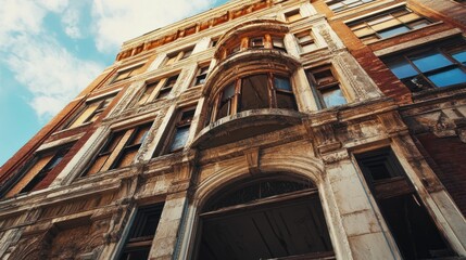 Aufkleber - A Low Angle View of an Old Brick Building with Damaged Windows