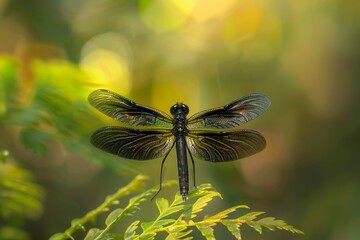 Wall Mural - A dragonfly perched on top of a vibrant green plant in a natural setting, Nature's tiny, winged wonder