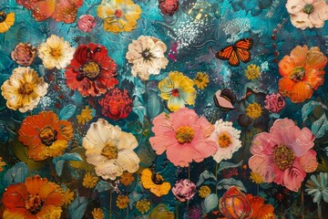 Canvas Print - Colorful flowers and butterflies beautifully painted on a striking blue backdrop, Navigating through a maze of blooming flowers, seeking out the sweet nectar that sustains it