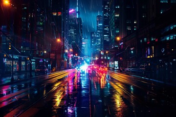 Poster - A city street bustling with traffic under the glow of neon lights at night, Neon cityscape shining brightly in the dark