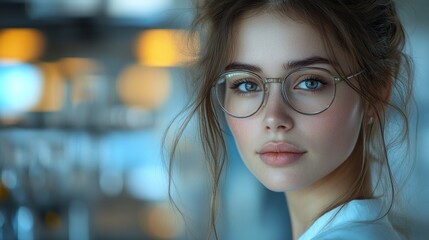 Aufkleber - A young woman with captivating eyes and glasses enjoys her time in a cozy café, surrounded by soft morning light and warm tones