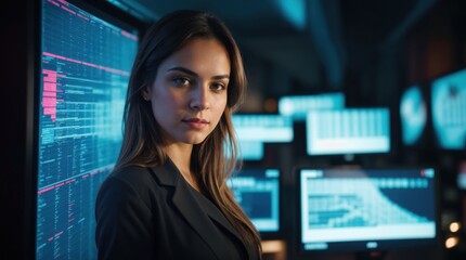 Fototapete - lady amidst brilliant blue data displays
