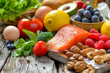 Wall Mural - Display of various fresh fruits, vegetables, and fish neatly arranged on a wooden table, Offering nutritional advice and meal planning for a balanced lifestyle