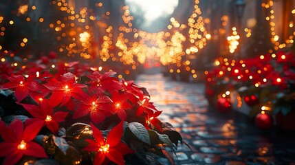 a festive outdoor garden with twinkling lights and holiday-themed sculptures