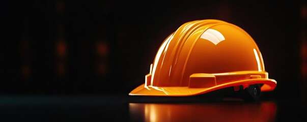 A bright orange hard hat placed against a dark background, symbolizing safety and protection in construction environments.